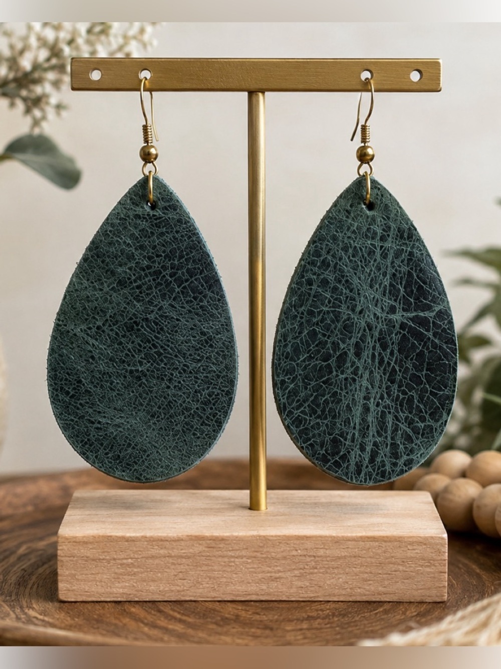 Genuine Leather Dark Green Medium Teardrop Earrings